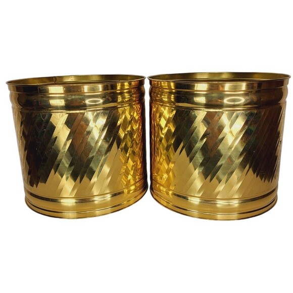 VTG Polished Brass Hollywood Regency Gold Set of Two Large Round Barrel Planters - Picture 1 of 15